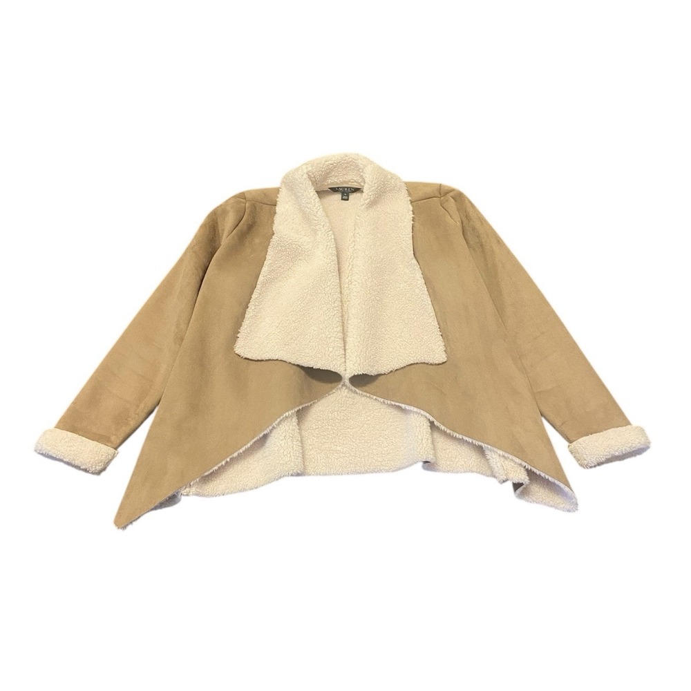 Ralph Lauren Faux Suede Sherpa Fleece Draped Front Luxury Jacket Tan Beige Small - Picture 2 of 7